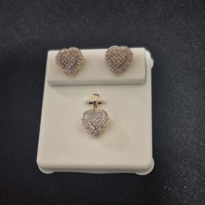 0.40CTW Diamond Heart Pendant & Earrings Set 925 Silver On Gold Vermeil